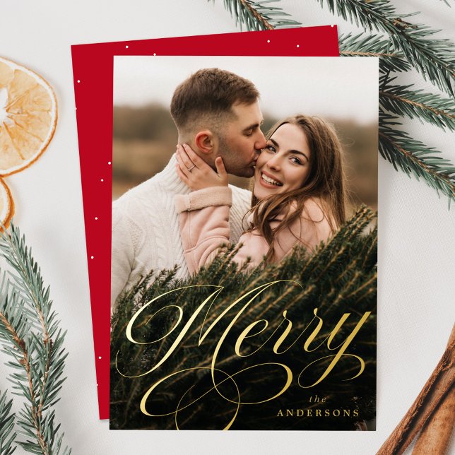 Elegant Merry Calligraphy Script Photo Foil Holiday Card (Creator Uploaded)
