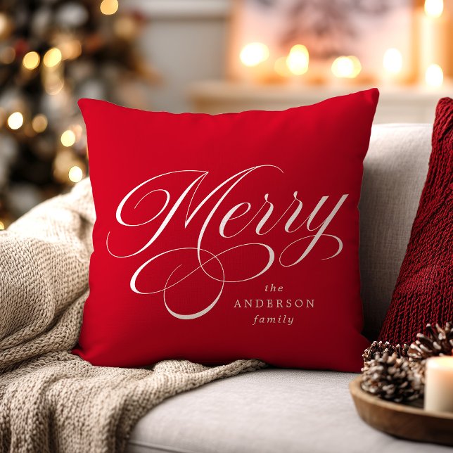 Elegant Merry Calligraphy Script Red Holiday Throw Pillow (Creator Uploaded)