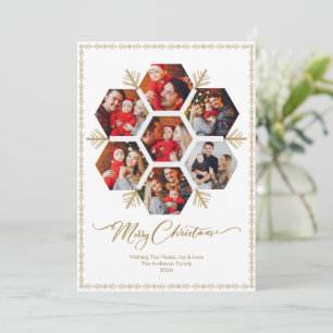 Elegant Merry Christma Family Photo Gold Snowflake Holiday Card