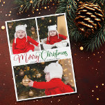 Elegant Merry Christmas 3 Photo Cute Magnet Card<br><div class="desc">Elegant Merry Christmas photo magnetic card with beautiful cursive typography in red and green. This modern holiday family photograph card features gorgeous script and your name over 3 photos. Customize the magnet with your own message.</div>