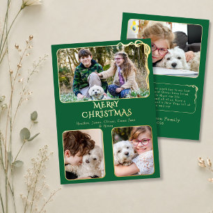 Elegant Merry Christmas 4 Photo Bow Green and Gold Foil Holiday Card