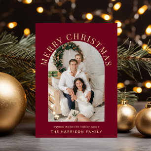 Elegant Merry Christmas Arch Photo Burgundy Holiday Card