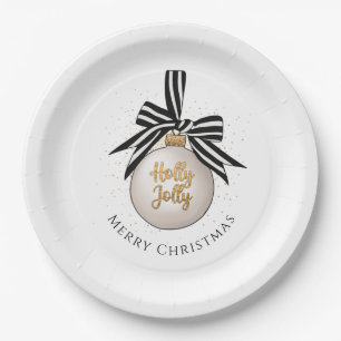 Elegant Merry Christmas Bauble White Black  Paper Plate
