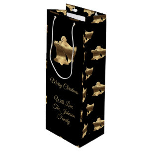 Elegant Merry Christmas Bells Black and Gold Look Wine Gift Bag