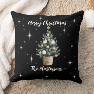 Elegant Merry Christmas Black with White Stars Throw Pillow