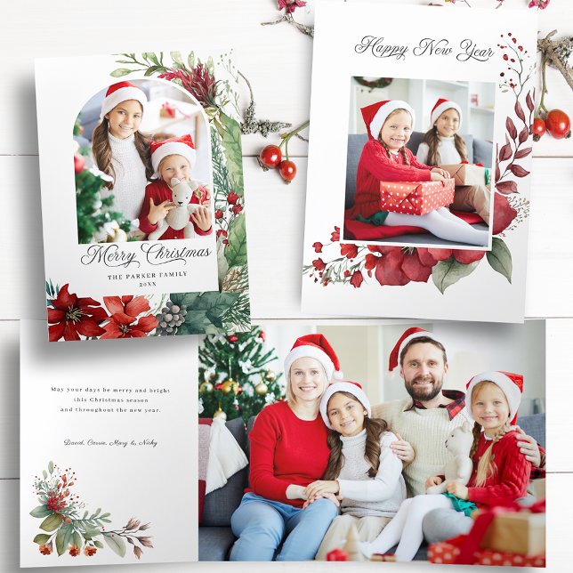 Elegant Merry Christmas Botanical Arch Photo Tri-Fold Card (Creator Uploaded)