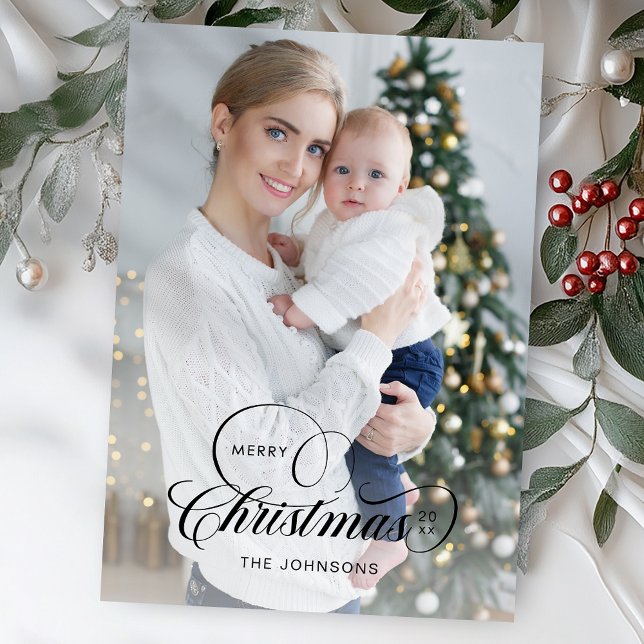 Elegant Merry Christmas Calligraphy 1-Photo Holiday Card (Creator Uploaded)
