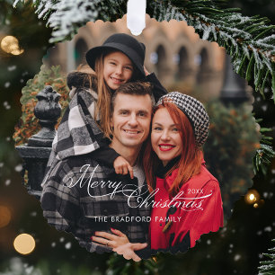 Elegant Merry Christmas Calligraphy 1-Photo Ornament Card