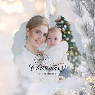 Elegant Merry Christmas Calligraphy 1-Photo Ornament Card