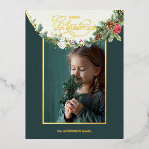 Elegant Merry Christmas Calligraphy Floral Photo Foil Holiday Postcard