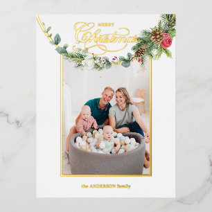 Elegant Merry Christmas Calligraphy Floral Photo  Foil Holiday Postcard
