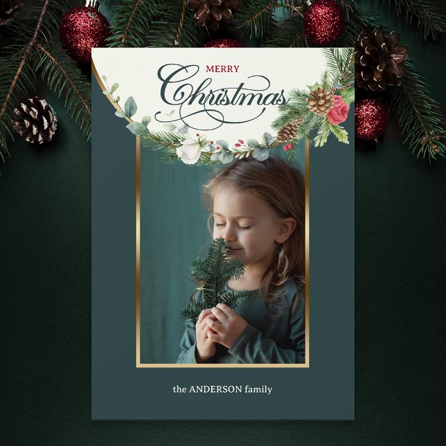Elegant Merry Christmas Calligraphy Floral Photo Holiday Card (Creator Uploaded)