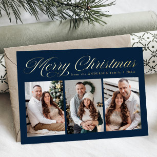 Elegant Merry Christmas Calligraphy Navy 3 Photo Foil Holiday Card