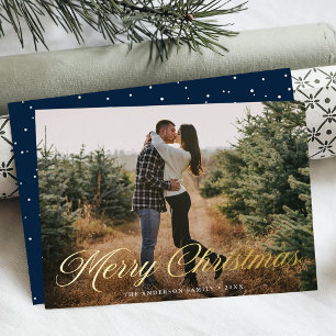Elegant Merry Christmas Calligraphy Navy Photo Foil Holiday Card