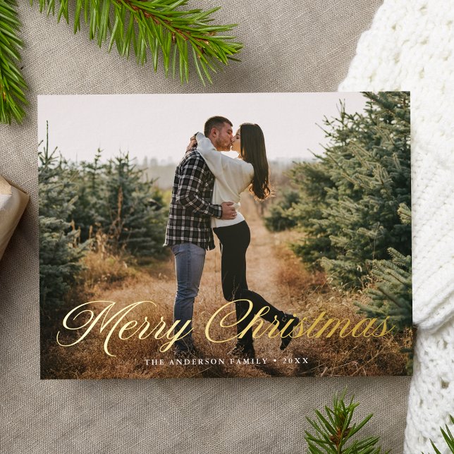 Elegant Merry Christmas Calligraphy Script Photo Foil Holiday Postcard (Creator Uploaded)