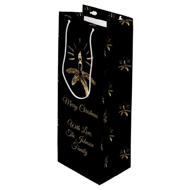 Elegant Merry Christmas Candle Pattern Black Gold Wine Gift Bag (Front Angled)