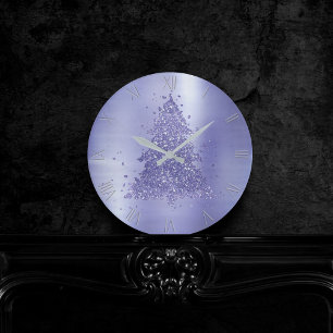 Elegant Merry Christmas Charming Purple Tree Round Clock