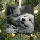 Elegant Merry Christmas Custom Family Picture Metal Ornament<br><div class="desc">Featuring the timeless script Merry Christmas design, this ornament sets the stage for a season of joy and togetherness. The black and white family photo you've chosen takes centre stage, capturing the essence of your family's unique and heartwarming holiday spirit. Crafted from shatterproof materials, this ornament not only adds a...</div>