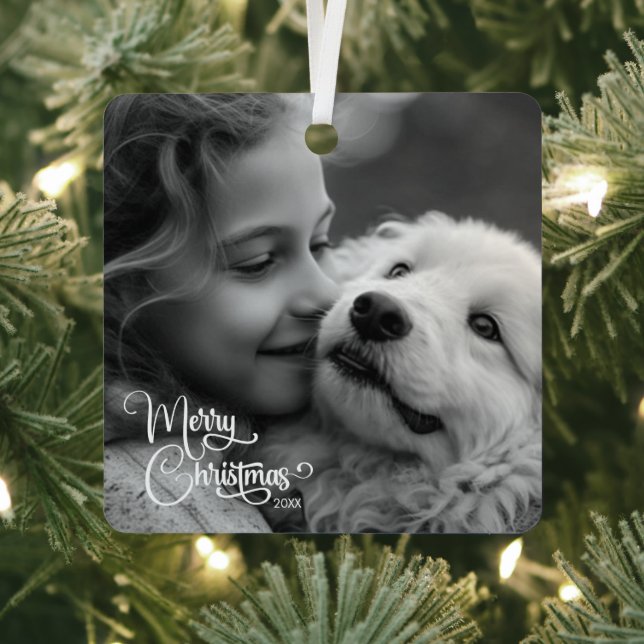Elegant Merry Christmas Custom Family Picture Metal Ornament (Insitu)