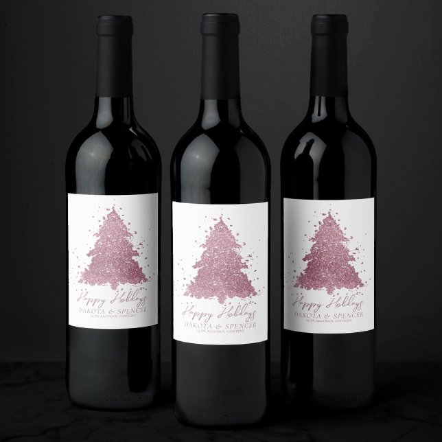 Elegant Merry Christmas | Dusty Mauve Pink Tree Wine Label (Creator Uploaded)