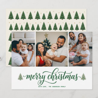 Elegant Merry Christmas Family 3 Photos Flat Card