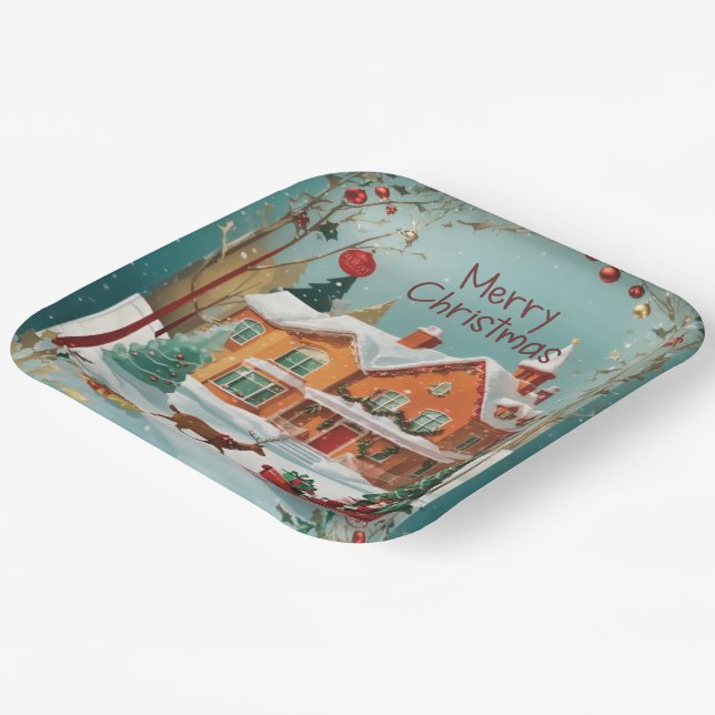 Elegant Merry Christmas Festive Square  Paper Plate (Angled)