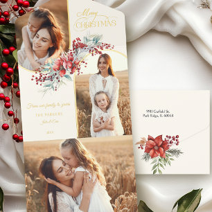 Elegant Merry Christmas Floral Gold Arch 2-Photo All In One Invitation