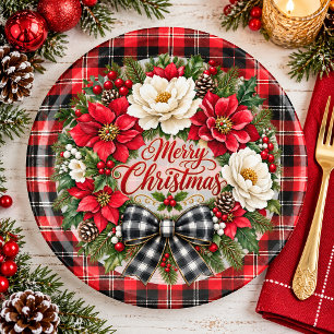 Elegant Merry Christmas Flower Wreath Paper Plate