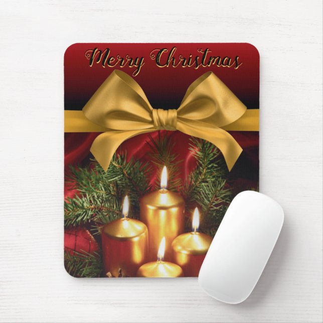 Elegant "Merry Christmas" Gold Bow and Candles Mouse Pad (With Mouse)