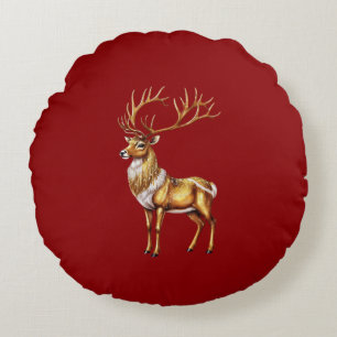 Elegant Merry Christmas Gold moose xmas festive pa Round Pillow
