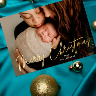 Elegant Merry Christmas Gold Pressed Photo Foil Holiday Card