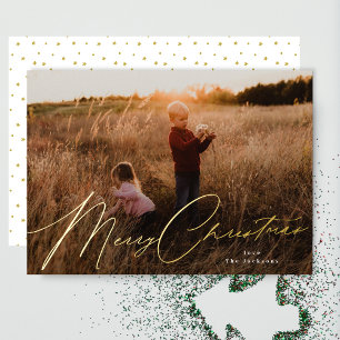 Elegant Merry Christmas Gold Pressed Photo Foil Holiday Card