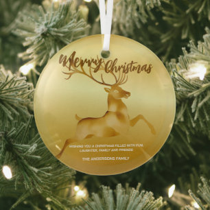 Elegant Merry Christmas Gold santa Deer Moose xmas Glass Ornament