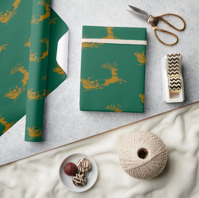 Elegant Merry Christmas Gold santa Deer Sled xmas Wrapping Paper (Crafts)