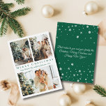 elegant merry christmas green 3 photos collage  card<br><div class="desc">background deco by freepik.com
elegant merry christmas green script 3 three photos collage holiday budget Note Card 
two sided card, on the back side holiday message, custom.</div>