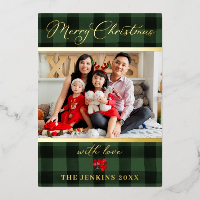 Elegant Merry Christmas Green and Red Photo Gold Foil Holiday Card (Front)