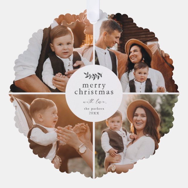 Elegant merry christmas greenery photo collage ornament card (Front)