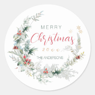 Elegant Merry Christmas half wreath watercolor Classic Round Sticker