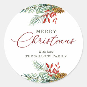Elegant Merry Christmas Holly Berries Pinecones Classic Round Sticker