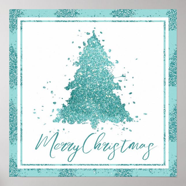 Elegant Merry Christmas | Luxe Aqua Mint Splatter Poster (Front)