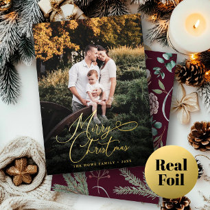 Elegant Merry Christmas Modern Photo Pine Cone Foil Holiday Card