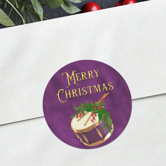 Elegant Merry Christmas Music Drum Purple Classic Round Sticker (Creator Uploaded)