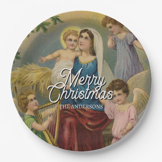 Elegant Merry Christmas Nativity Design Paper Plate (Front)