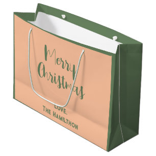 Elegant Merry Christmas Olive Green & Peach Large Gift Bag