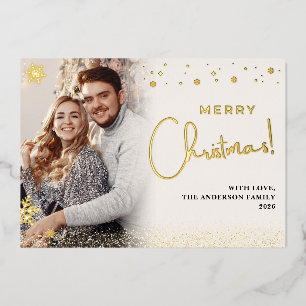 Elegant Merry Christmas Overlay Photo Snowflake  Foil Holiday Card