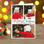 Elegant Merry Christmas Photo Cute Colourful Scrip Holiday Card<br><div class="desc">Elegant Merry Christmas photo folded card with beautiful cursive typography in red and green. This modern holiday family photograph card features gorgeous script and your name over 3 photos. Customize the inside with a full photograph and your own message.</div>