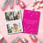 elegant merry christmas pink  3 photos collage  card<br><div class="desc">background deco by freepik.com
elegant merry christmas pink script 3 three photos collage holiday budget Note Card 
two sided card, on the back side holiday message, custom.</div>