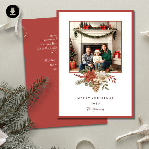 Elegant Merry Christmas Poinsettia Photo Holiday Card