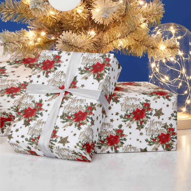 Elegant Merry Christmas poinsettias Wrapping Paper (Holidays)