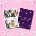 elegant merry christmas purple 3 photos collage  card<br><div class="desc">background deco by freepik.com
elegant merry christmas purple script 3 three photos collage holiday budget Note Card 
two sided card, on the back side holiday message, custom.</div>
